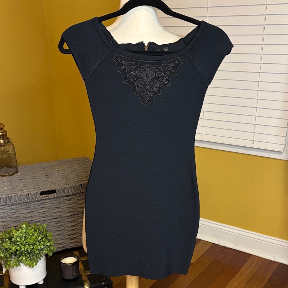 Guess Black Bodycon Embroidered Dress NWOT
